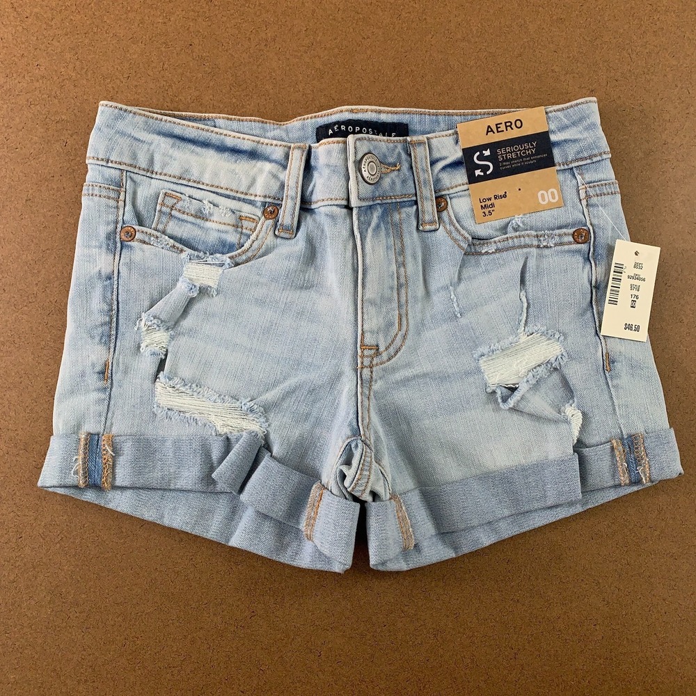 Aeropostale Juniors 00 Light Wash Ripped Denim Low Rise 3.5" Inseam Shorts NWT